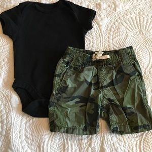 Gap camo shorts & ON black onesie outfit 3-6M